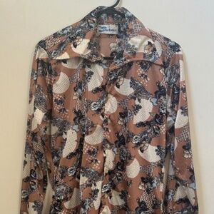 Vintage Burma 70's Brown Blue Cocktail Collar Button Up Long Sleeve Shirt Men M